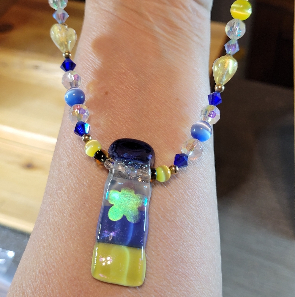 Blue & Gold Fused Glass Necklace Handmade OOAK with Dichroic Glass Daisy Accent